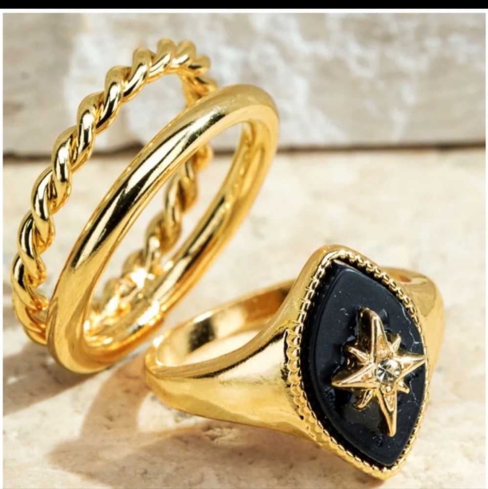 Jet Howlite Black Natural Stone & Metal Ring Set